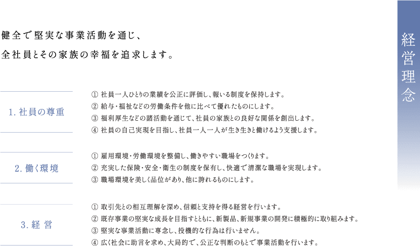 健全で堅実な事業活動を通じ、全社員とその家族の幸福を追求します。1. 社員の尊重 ① 社員一人ひとりの業績を公正に評価し、報いる制度を保持します。② 給与・福祉などの労働条件を他に比べて優れたものにします。③ 福利厚生などの諸活動を通じて、社員の家族との良好な関係を創出します。④社員の自己実現を目指し、社員一人一人が生き生きと働けるよう支援します。2. 働く環境①雇用環境・労働環境を整備し、 働きやすい職場をつくります。② 充実した保険・安全・衛生の制度を保有し、快適で清潔な職場を実現します。③ 職場環境を美しく品位があり、 他に誇れるものにします。3.経営① 取引先との相互理解を深め、信頼と支持を得る経営を行います。② 既存事業の堅実な成長を目指すとともに、 新製品、新規事業の開発に積極的に取り組みます。③ 堅実な事業活動に専念し、 投機的な行為は行いません。④広く社会に助言を求め、 大局的で、 公正な判断のもとで事業活動を行います。