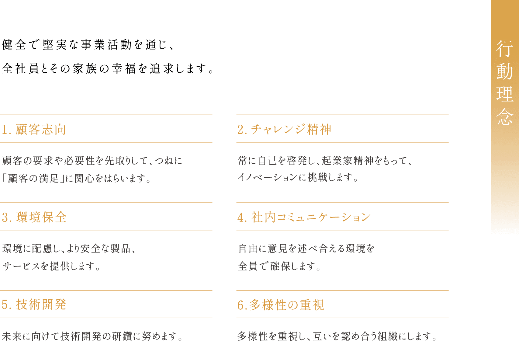 行動理念 健全で堅実な事業活動を通じ、全社員とその家族の幸福を追求します。1. 顧客志向 顧客の要求や必要性を先取りして、つねに「顧客の満足」に関心をはらいます。2. チャレンジ精神 常に自己を啓発し、 起業家精神をもってイノベーションに挑戦します。3. 環境保全 環境に配慮し、より安全な製品、サービスを提供します。4. 社内コミュニケーション 自由に意見を述べ合える環境を全員で確保します。5. 技術開発 未来に向けて技術開発の研鑽に努めます。6.多様性の重視 多様性を重視し、互いを認め合う組織にします。